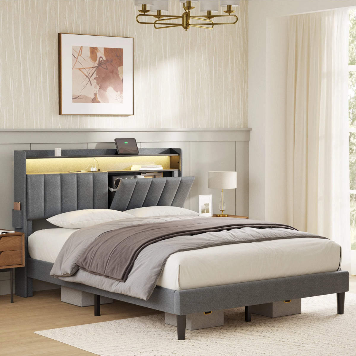 Queen Upholstered Platform Bed Frame with Storage Headboard J14920