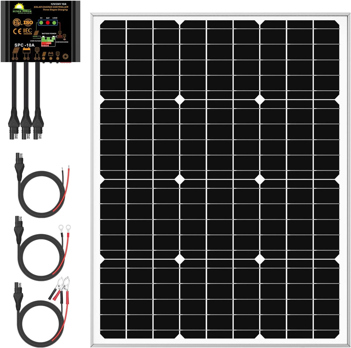 50W Mono Crystalline 12V Solar Panel Kit with 10A Charge Controller and SAE Cable Adapters Q30050
