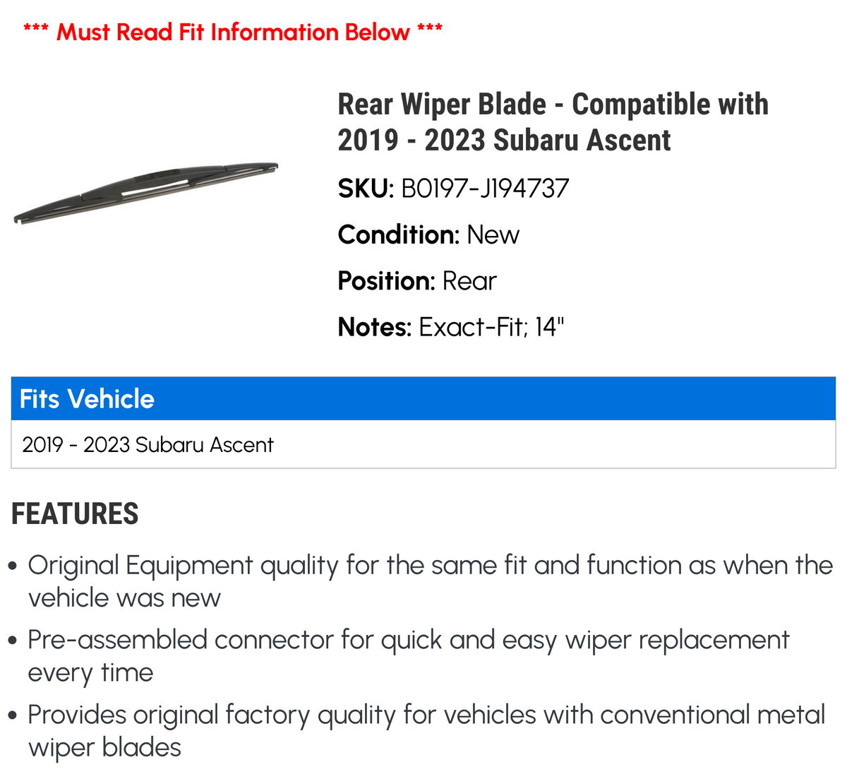 Rear Wiper Blade for Subaru Ascent O528878