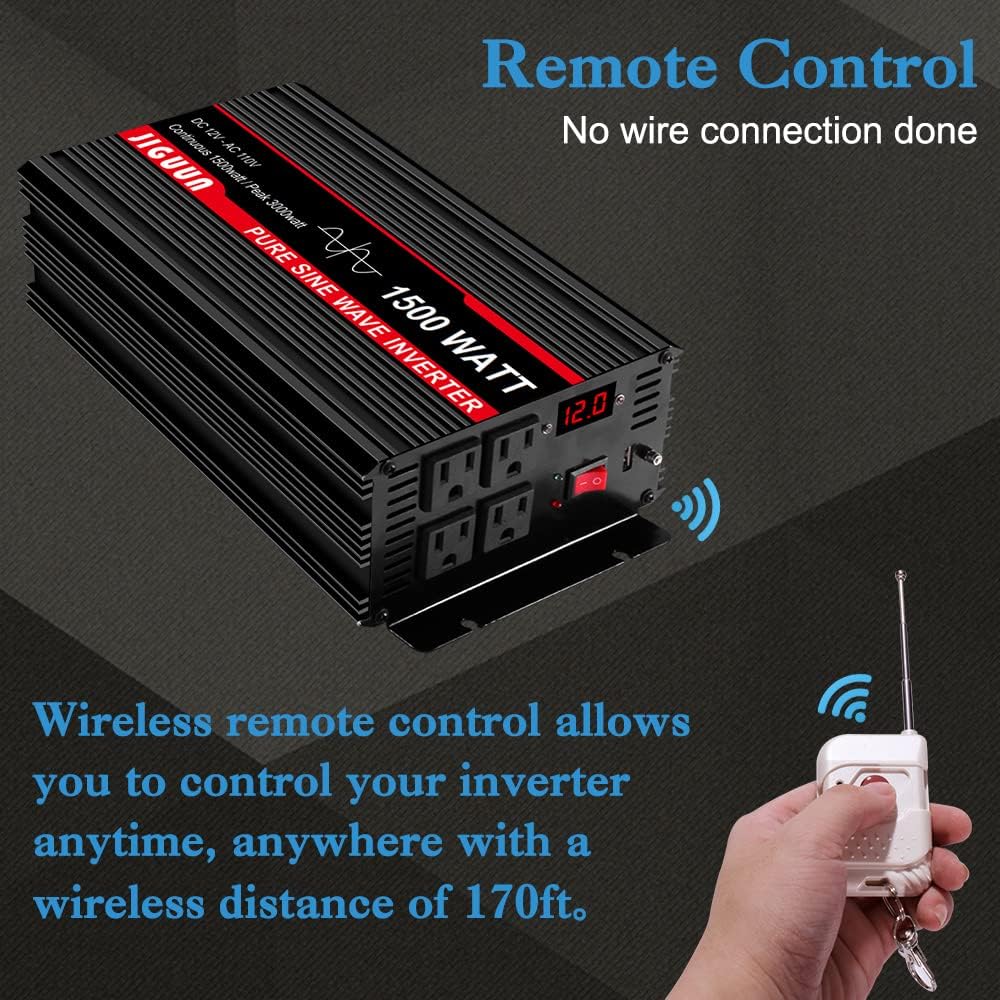 1500 Watt Pure Sine Wave Power Inverter DC 12V to AC 120V with 4 AC Outlets USB Output Wireless Remote Control U81599