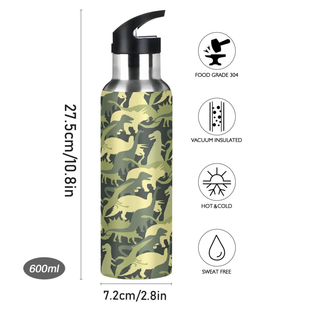 Army Green Camo Dinosaur Stainless Steel Water Bottle with Straw Lid 20 OZ M88581