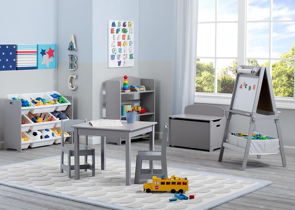 Kids Upholstered Chair with Cup Holder, Soft Grey & Kids Wood Table and Chair Set (2 Chairs Included) D109