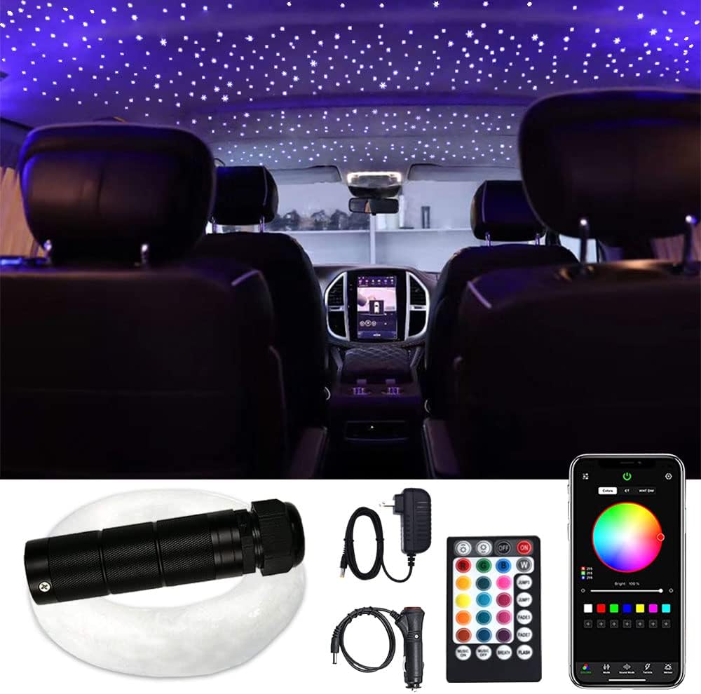 Car Use Bluetooth 6W RGB LED Fiber Optic Light Star Ceiling Kit with Remote Controller, 160pcs 0.03in 6.5ft Fiber Optic Cable R2969
