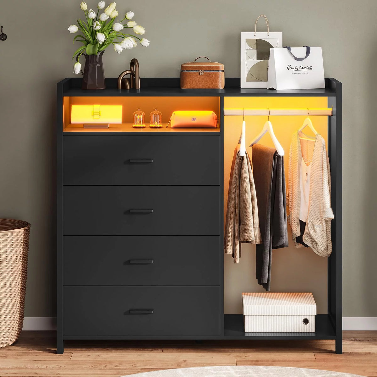 Black 4 Drawer Dresser with Clothing Rack Q18644