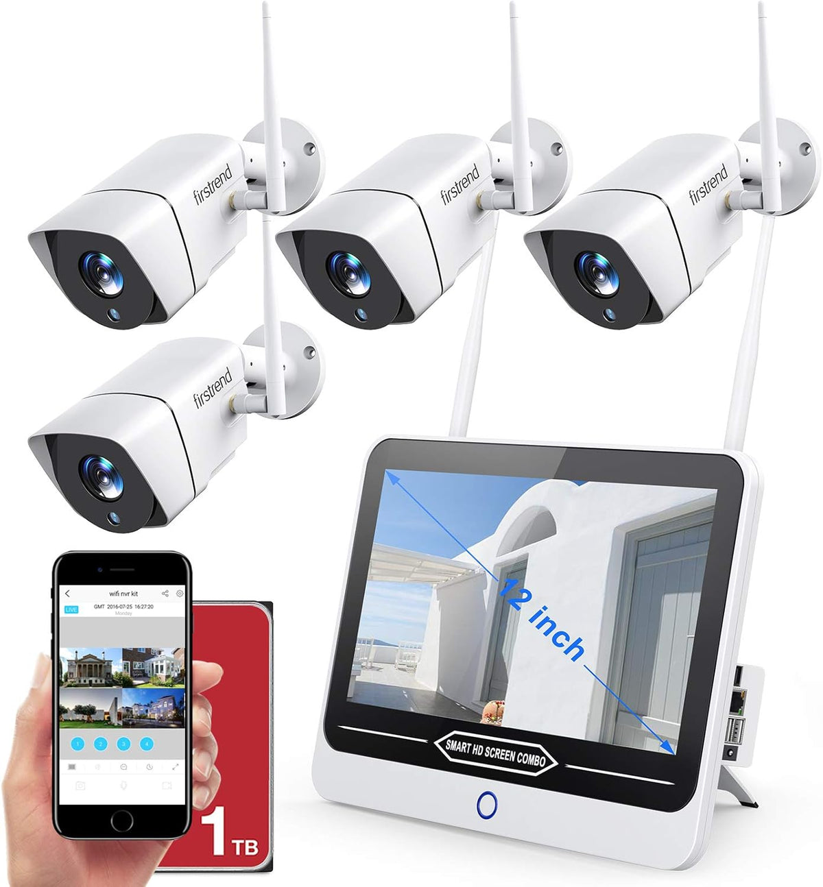 1080P Wireless Security Camera System 8CH with 4 Cameras and 12 Inch Monitor N26608