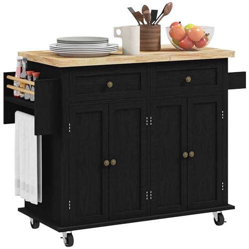 Navy Blue Kitchen Island on Wheels with Rubberwood Top Q502849