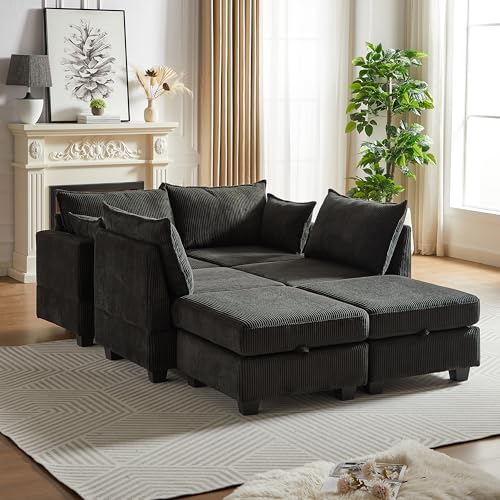 Oversized Modular Storage Sectional Sofa Soft Corduroy Upholstered Deep Seat Convertible Sleeper Couch Bed with 2 Pillows E80944