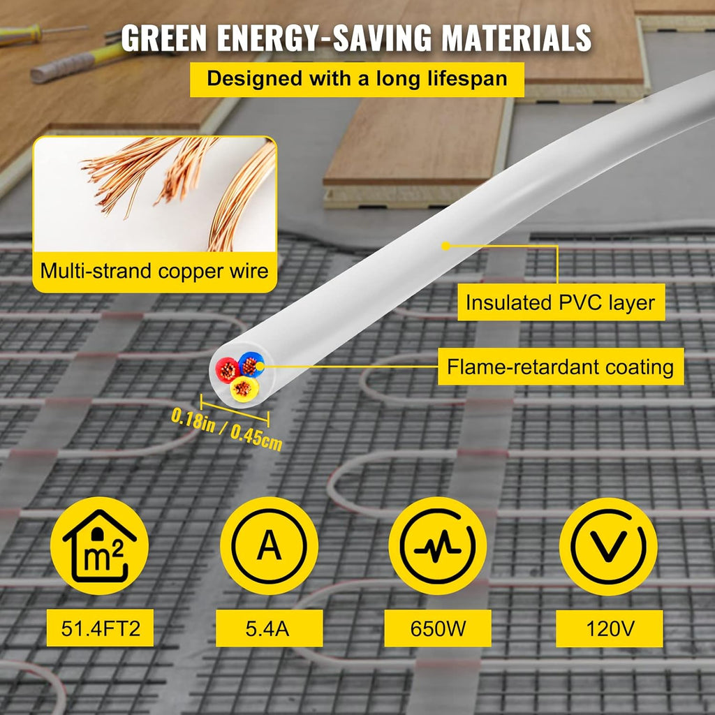 51.4 Square Feet Waterproof Insulated Floor Heating Cable with Temperature Control Panel K70439