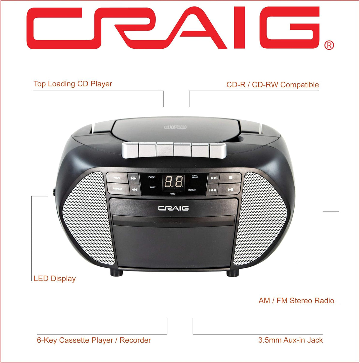 CD Boombox with AM/FM Stereo Radio and Cassette Player Recorder, Pack of 2 Y390