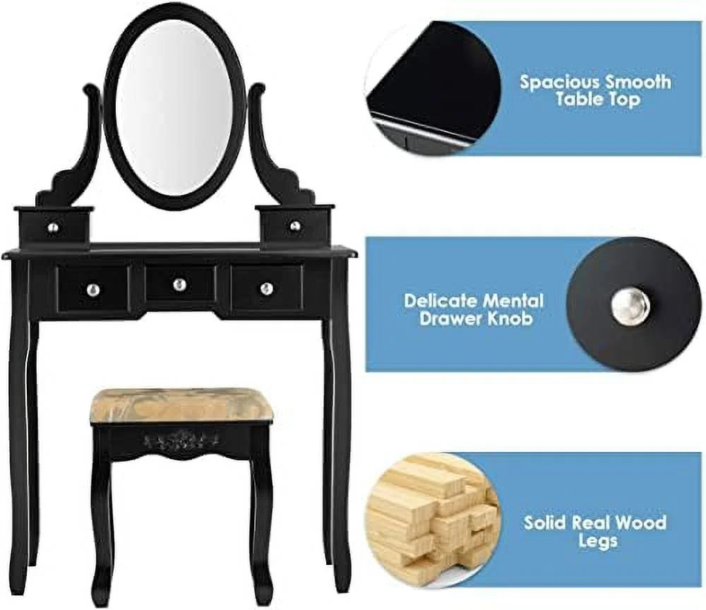 White Vanity Table Set with Rotatable Mirror, Cushioned Stool & 5 Drawers R867914