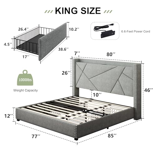 King Size Upholstered Platform Bed Frame with 4 Storage Drawers H521483