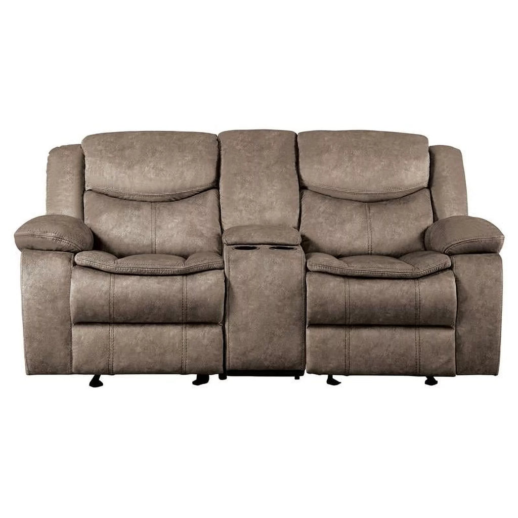 Brown Fabric Double Glider Reclining Loveseat with Console V393979