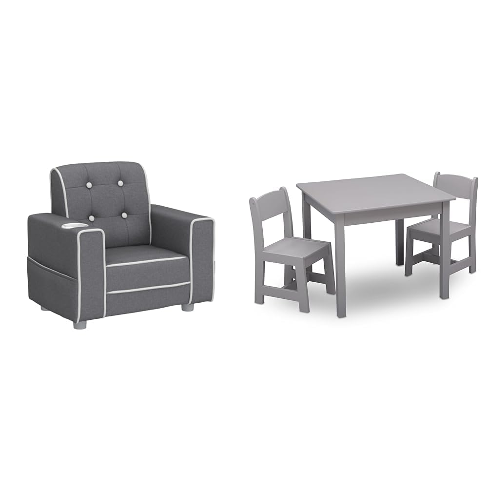 Kids Upholstered Chair with Cup Holder, Soft Grey & Kids Wood Table and Chair Set (2 Chairs Included) D109