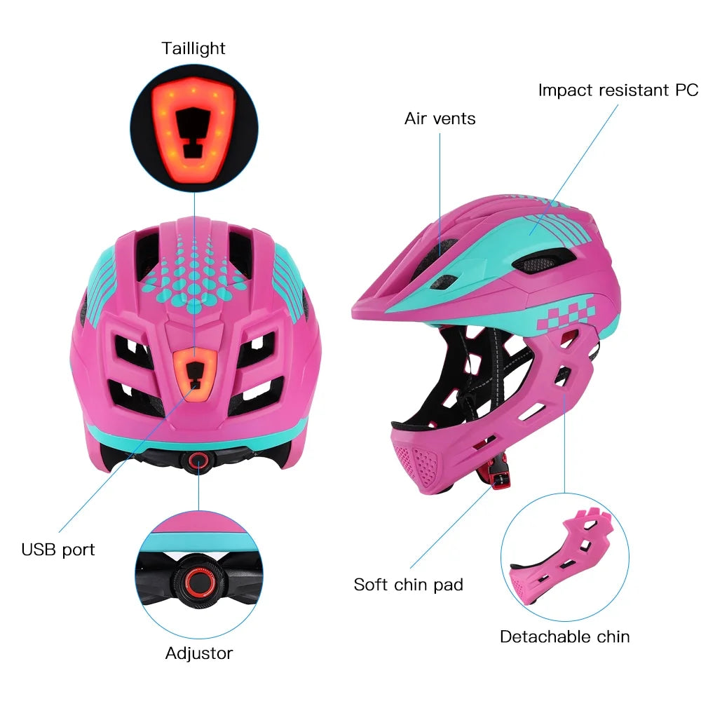 Kid Bike Full Face Helmet with Taillight and Detachable Chin J634