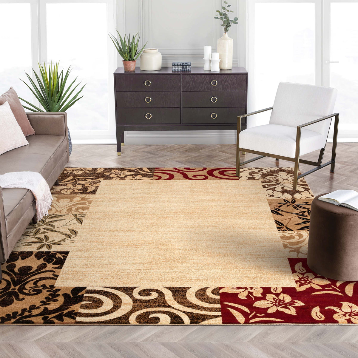 Modern Damask Border Rug Easy Clean Stain Fade Resistant T197311