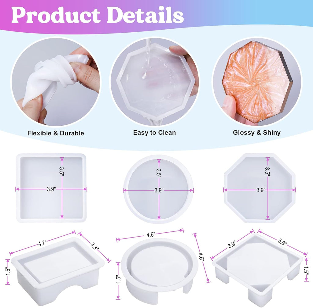 18 Pcs Silicone Coaster Molds with Round Square Octagon Shape Holder Molds Z67276