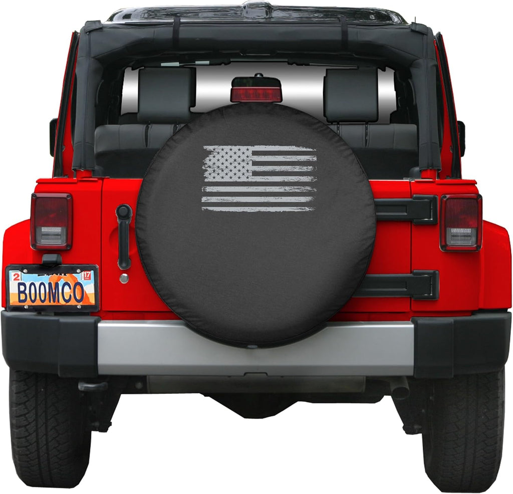 Distressed American Flag Spare Tire Cover Black Denim Vinyl P798