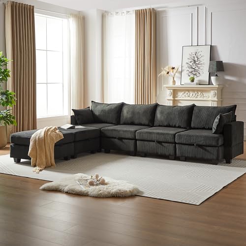Oversized Modular Storage Sectional Sofa Soft Corduroy Upholstered Deep Seat Convertible Sleeper Couch Bed with 2 Pillows E80944