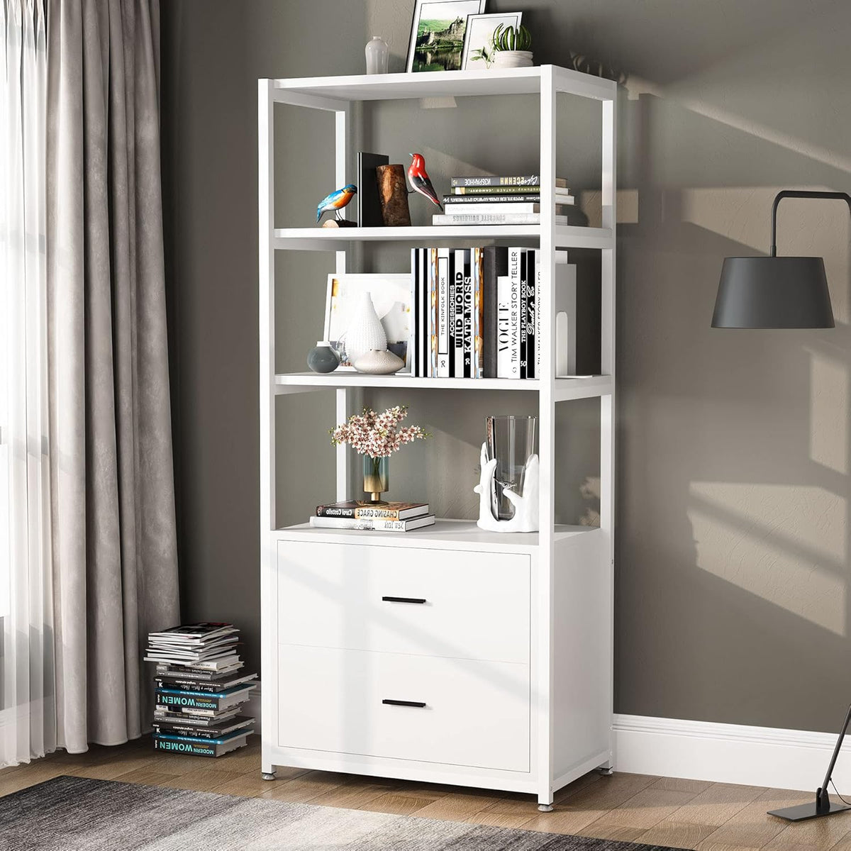 4-Tier White Bookshelf with 2 Drawers A66762
