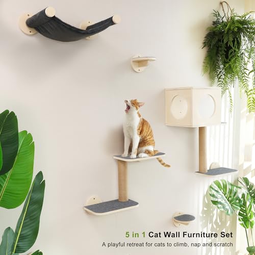 5-Piece Wooden Cat Wall Shelves with Hammock S544