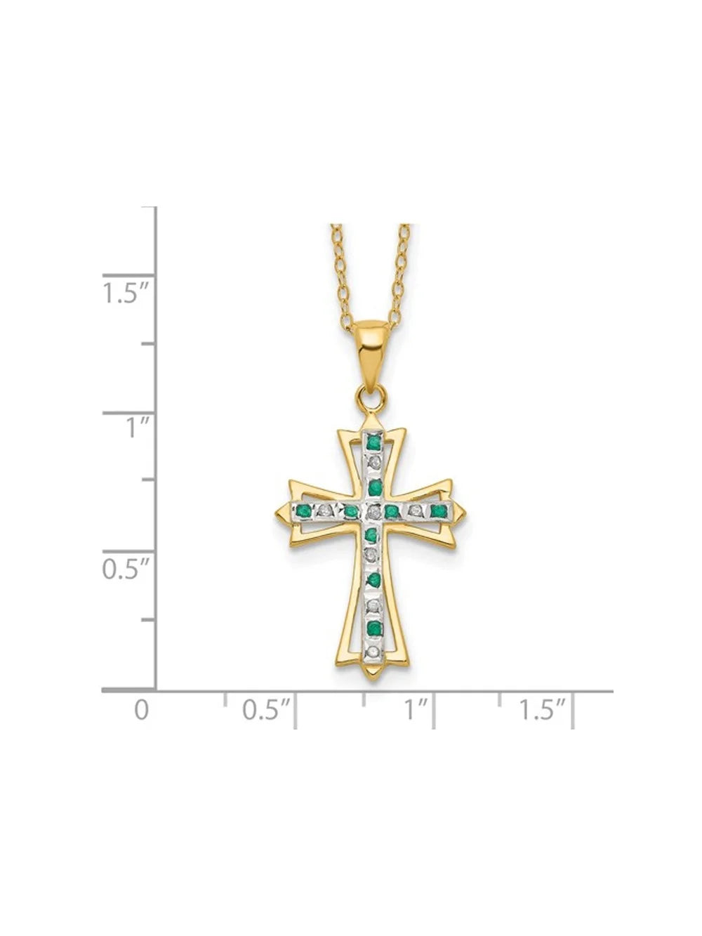 Emerald and Diamond Cross Pendant Necklace in Sterling Silver with Yellow Gold Plating and Chain F3890