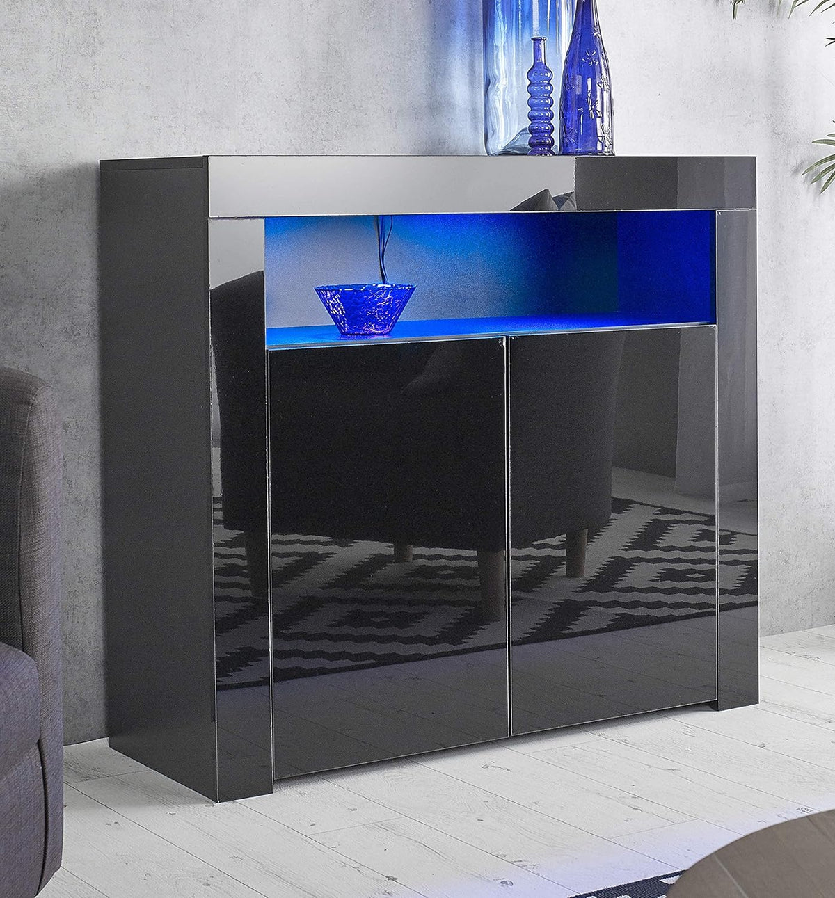 Black Gloss Matt Kitchen Sideboard Cabinet with LED Lights and Internal Shelves D4423