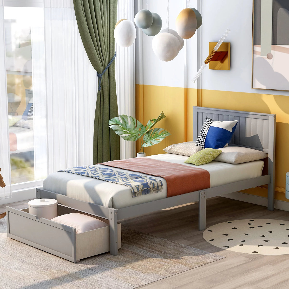 Twin Wood Platform Bed with Headboard & Storage Drawer R86045