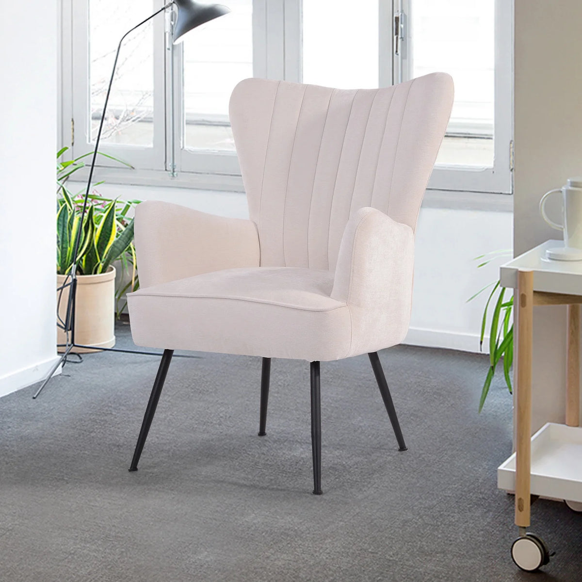 White Upholstered Fabric Accent Chair with Wooden Legs W51180