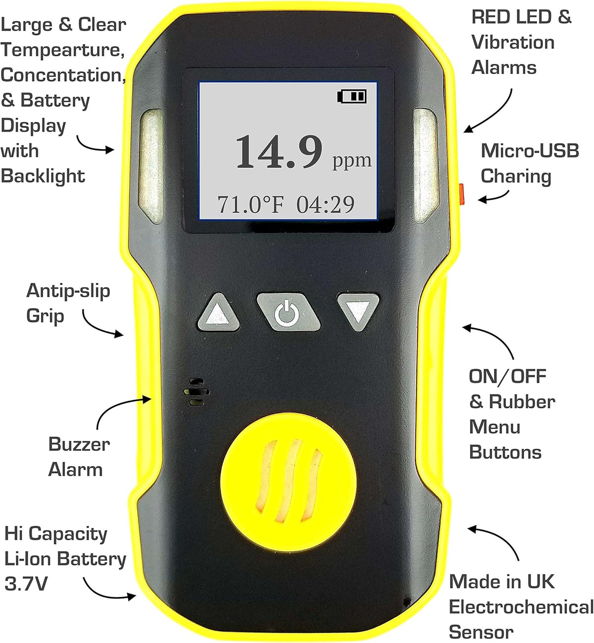 Hydrogen Sulfide Detector, 0-100ppm H2S, USB Recharge, Dust & Explosion Proof H402653