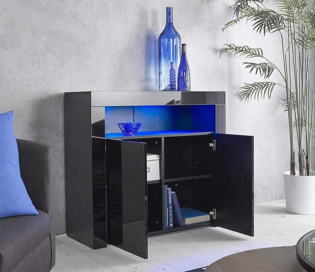 Black Gloss Matt Kitchen Sideboard Cabinet with LED Lights and Internal Shelves D4423