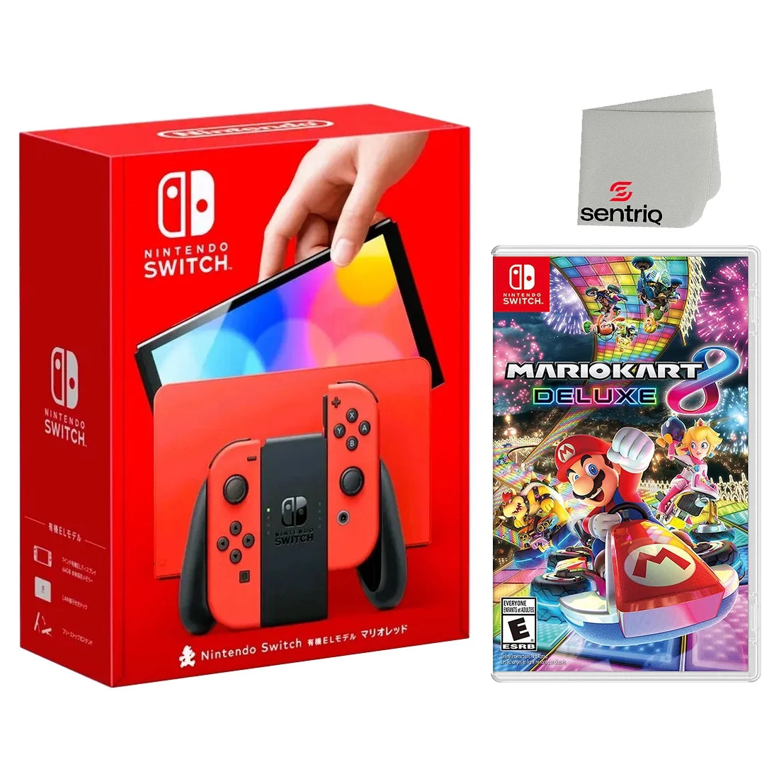 OLED Mario Red Edition Nintendo Switch with Mario Kart 8 Deluxe and Screen Cleaning Cloth Bundle X38770