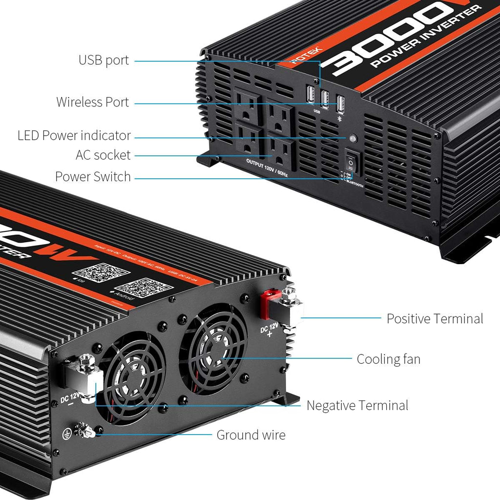 3000W Power Inverter 4 AC Outlets DC 12V to 110V AC Car Inverter with 2 USB Port and Bluetooth W99352