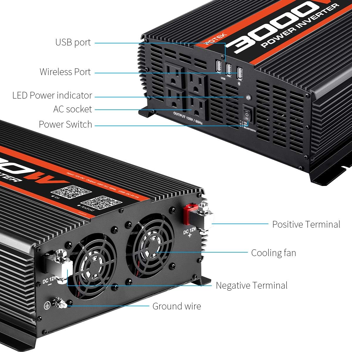 3000W Power Inverter 4 AC Outlets DC 12V to 110V AC Car Inverter with 2 USB Port and Bluetooth W99352
