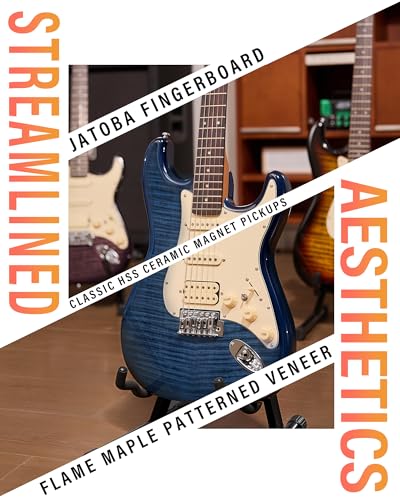 Blaze Orange Electric Guitar with Roasted Maple Neck, Flame Maple Top, HSS Ceramic Pickups, 10W Amp, Gig Bag, Strap, Picks, Lesson Book Q201
