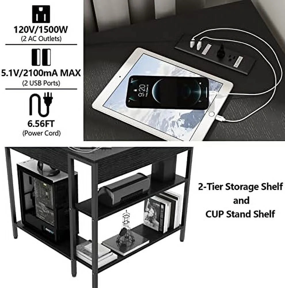 Black Corner Desk with Outlets USB Ports Shelves H229