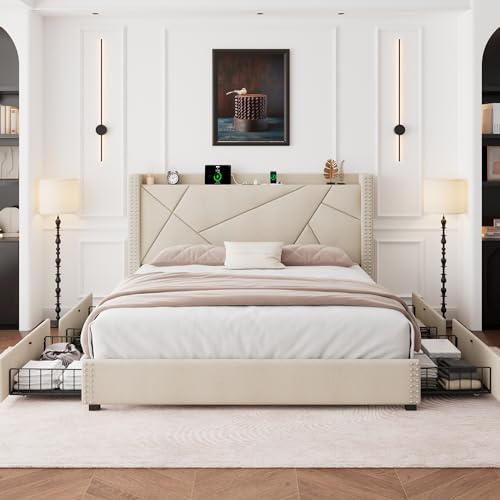 King Size Upholstered Platform Bed Frame with 4 Storage Drawers H521483
