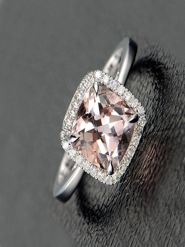 1.25 Carat Cushion Cut Peach Pink Morganite and Diamond Halo Engagement Ring in 10k White Gold G47654