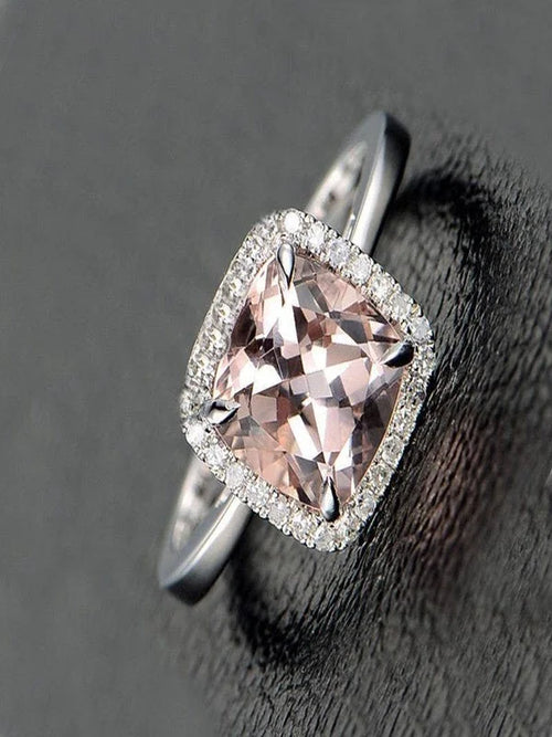 1.25 Carat Cushion Cut Peach Pink Morganite and Diamond Halo Engagement Ring in 10k White Gold G47654