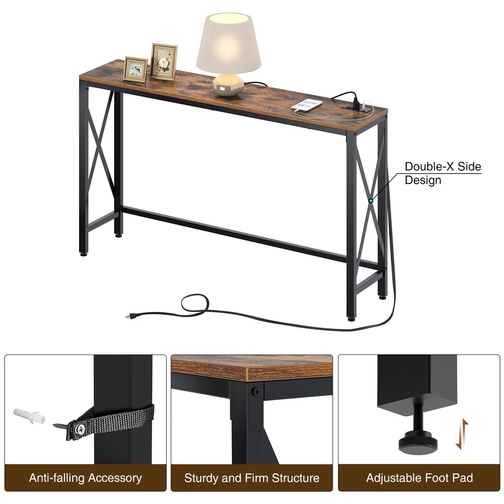 Console Table with Power Outlet, 55 Inch, Rustic Brown F39685