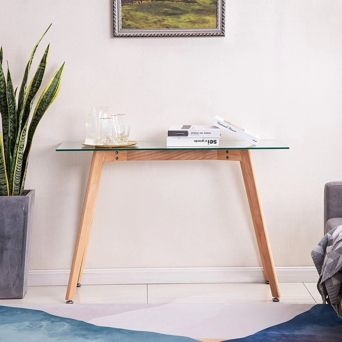 Glass Console Table with Solid Wood Legs V225409