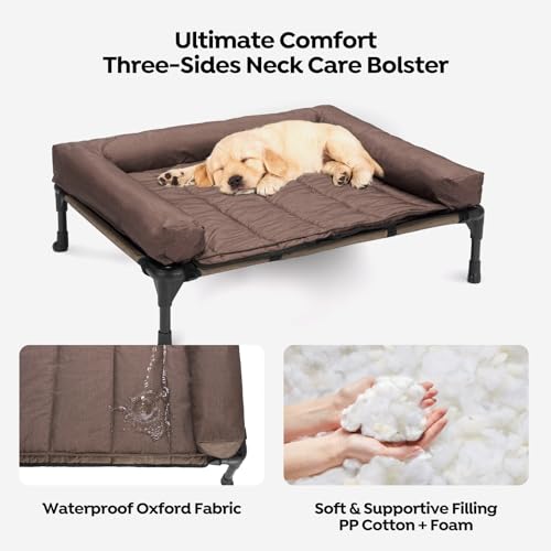 Cooling Elevated Dog Bed with Removable Waterproof Bolster Cushion Mat, 42x30inches, Beige E78486