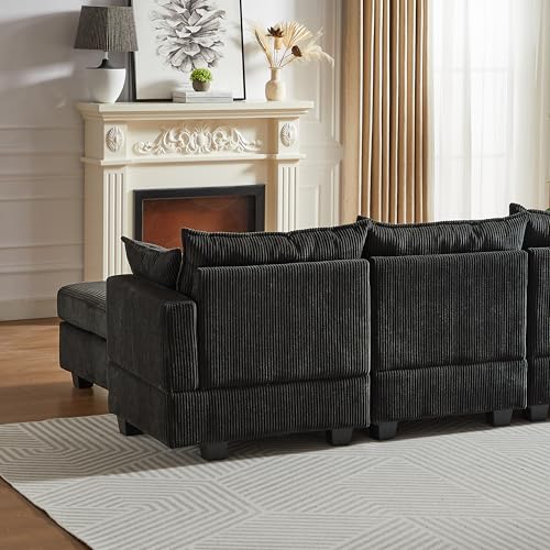 Oversized Modular Storage Sectional Sofa Soft Corduroy Upholstered Deep Seat Convertible Sleeper Couch Bed with 2 Pillows E80944