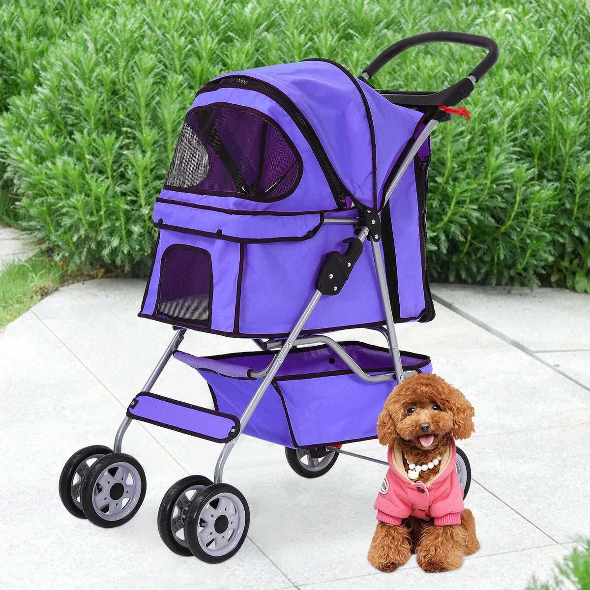 4 Wheels Foldable Pet Stroller with Storage Basket U1651