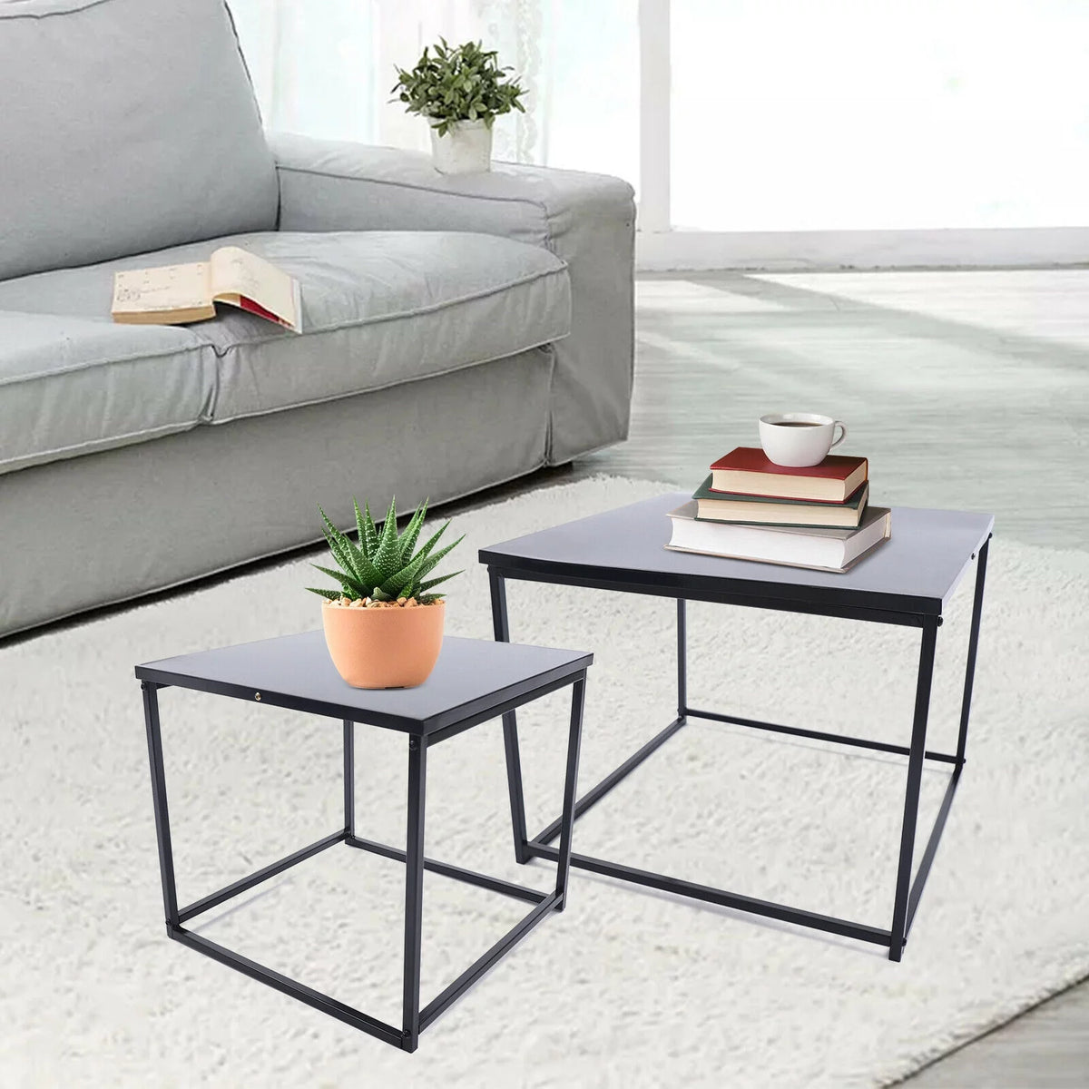 2Pcs Modern Industrial Square Iron End Table U37908