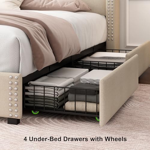King Size Upholstered Platform Bed Frame with 4 Storage Drawers H521483