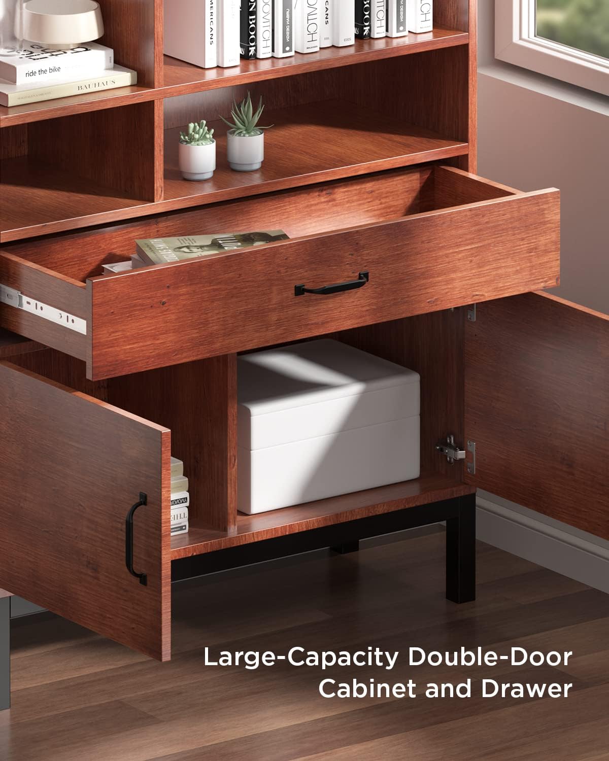 Brown 4 Tier Bookcase with Doors and Drawers V69838