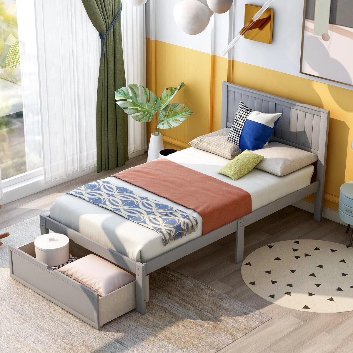 Twin Wood Platform Bed with Headboard & Storage Drawer R86045