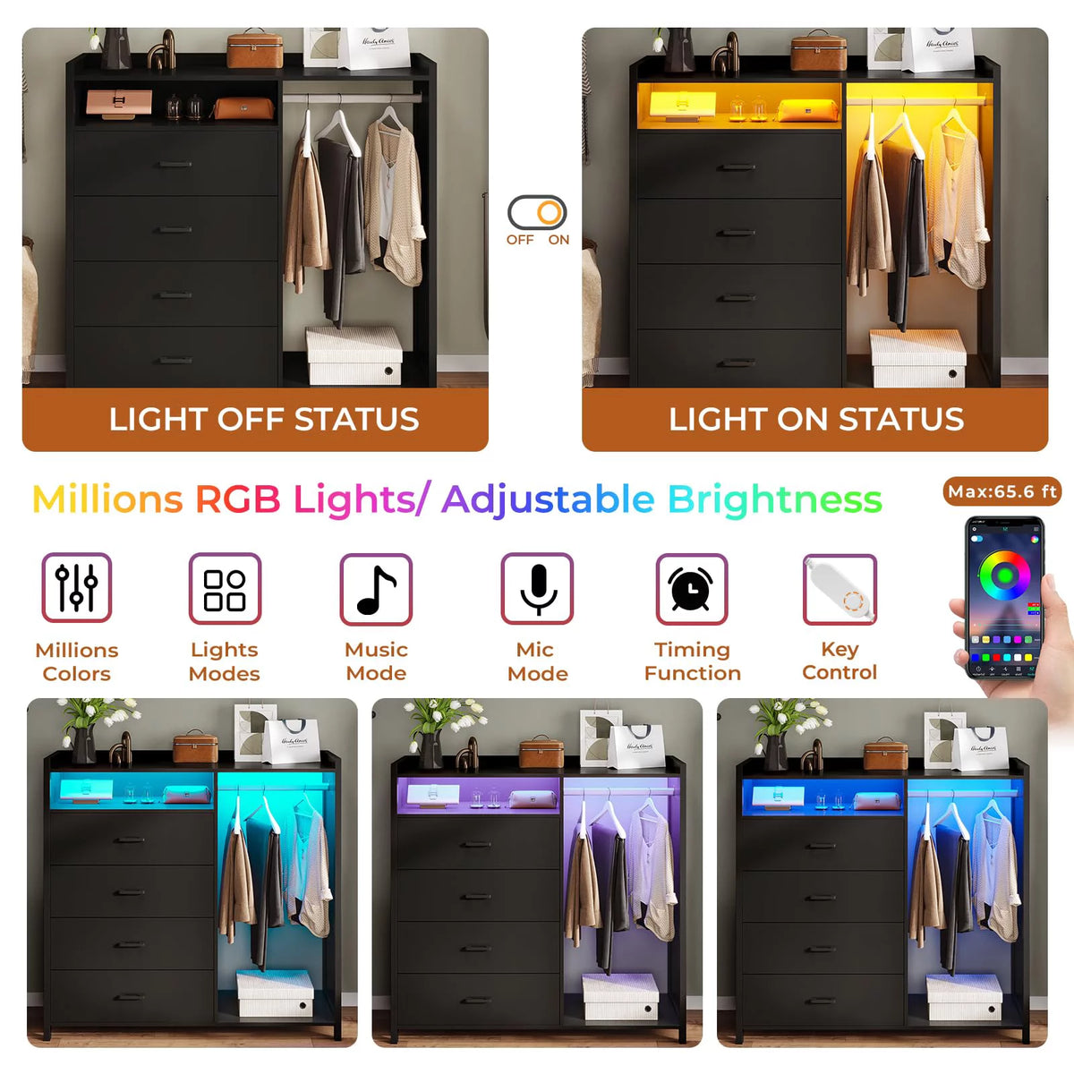 Black 4 Drawer Dresser with Clothing Rack Q18644