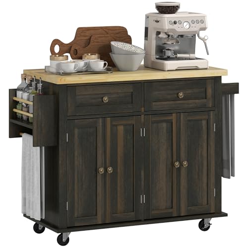 Navy Blue Kitchen Island on Wheels with Rubberwood Top Q502849