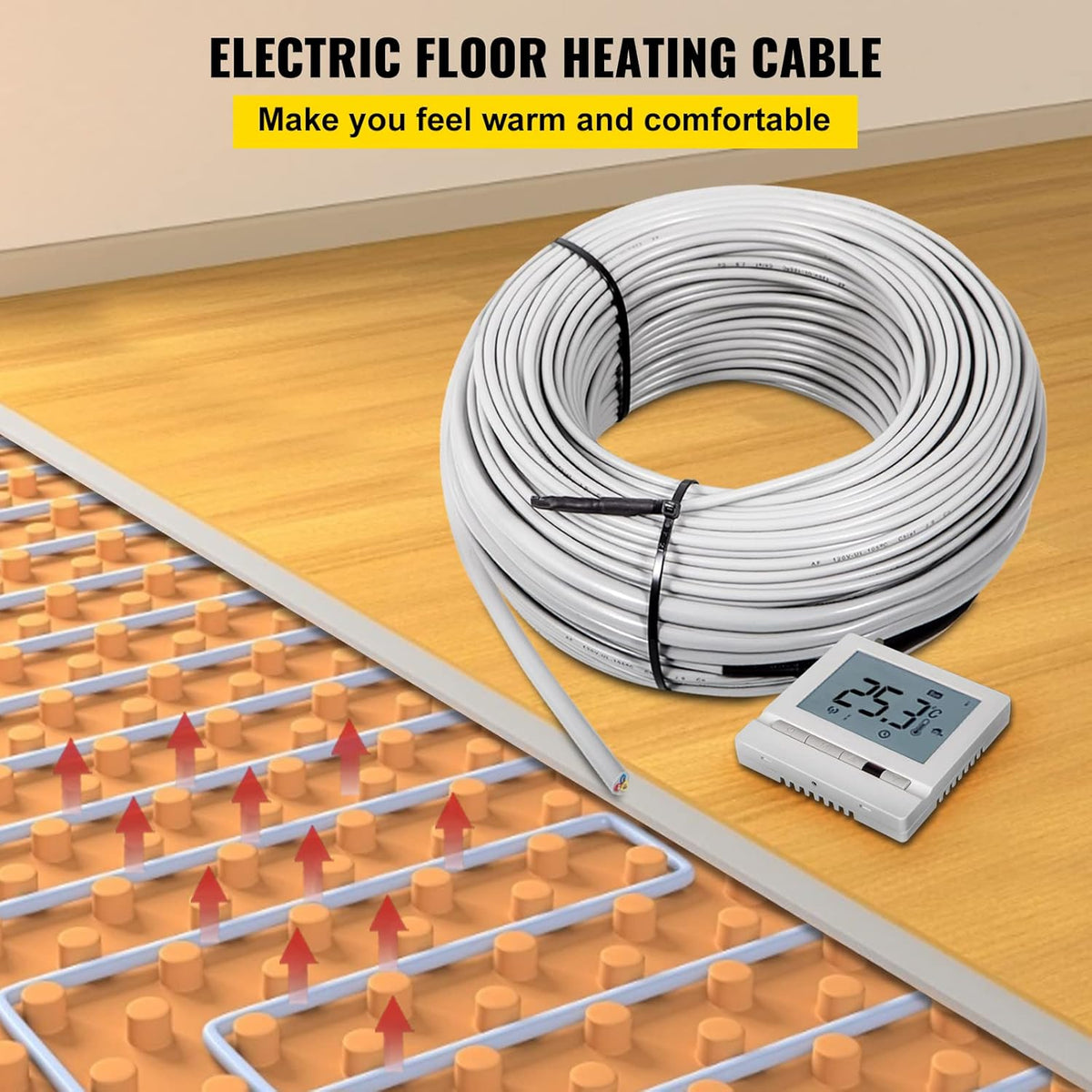 51.4 Square Feet Waterproof Insulated Floor Heating Cable with Temperature Control Panel K70439